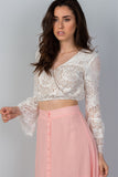 Ladies fashion boho white lace long bell sleeve crop top
