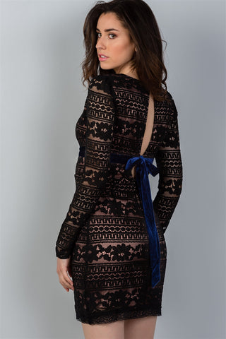 Ladies fashion black & navy velvet back-tie floral lace mini dress - merchandiserus2