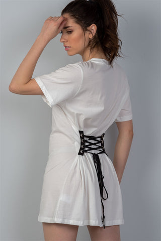 Ladies fashion white & black front graphic print contrast corset back t-shirt dress - merchandiserus2