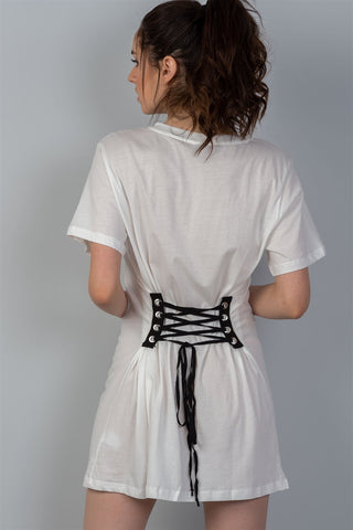 Ladies fashion white & black front graphic print contrast corset back t-shirt dress - merchandiserus2