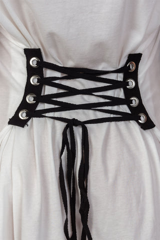 Ladies fashion white & black front graphic print contrast corset back t-shirt dress - merchandiserus2