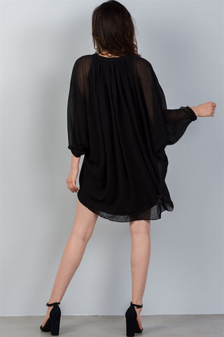 Ladies fashion v neckline black batwing sleeves ruched front mini dress - merchandiserus2