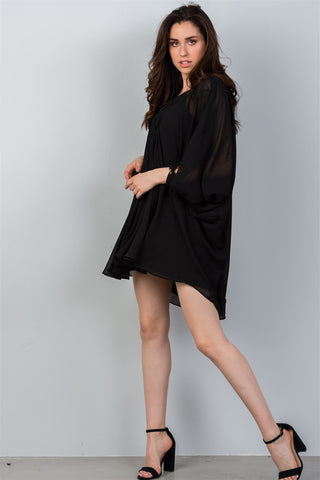 Ladies fashion v neckline black batwing sleeves ruched front mini dress - merchandiserus2