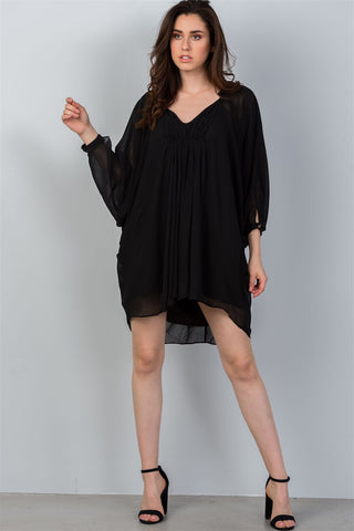 Ladies fashion v neckline black batwing sleeves ruched front mini dress - merchandiserus2