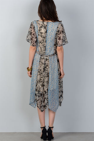 Ladies fashion bohemian mix and match floral print midi dress - merchandiserus2