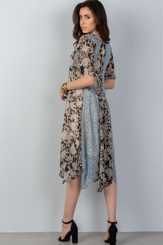 Ladies fashion bohemian mix and match floral print midi dress - merchandiserus2