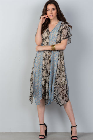 Ladies fashion bohemian mix and match floral print midi dress - merchandiserus2