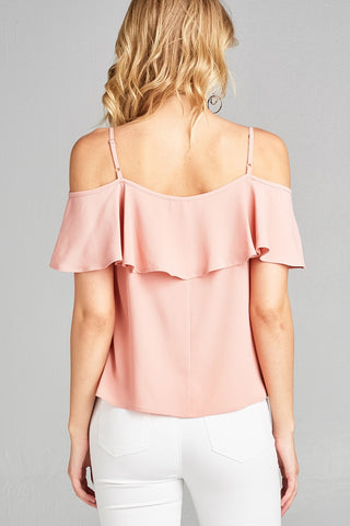 Ladies fashion plus size open shoulder flounce w/embo crepe woven top