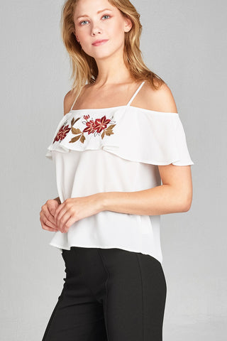 Ladies fashion plus size open shoulder flounce w/embo crepe woven top