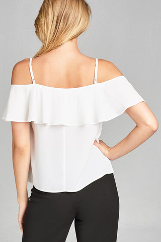 Ladies fashion plus size open shoulder flounce w/embo crepe woven top