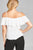 Ladies fashion plus size open shoulder flounce w/embo crepe woven top