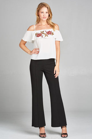 Ladies fashion plus size open shoulder flounce w/embo crepe woven top