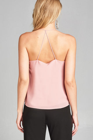 Ladies fashion plus size v-neck w/open back double strap detail woven cami top