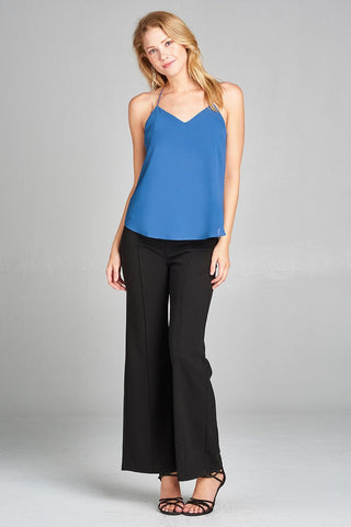 Ladies fashion plus size v-neck w/open back double strap detail woven cami top