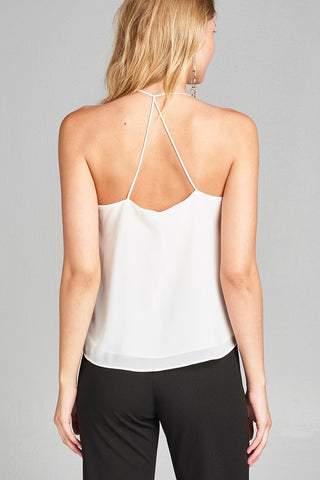 Ladies fashion plus size v-neck w/open back double strap detail woven cami top