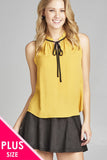 Ladies fashion plus size sleeveless contrast self-tie wool dobby woven top