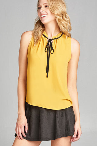 Ladies fashion plus size sleeveless contrast self-tie wool dobby woven top