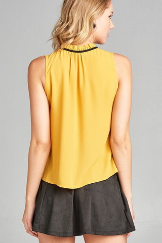 Ladies fashion plus size sleeveless contrast self-tie wool dobby woven top