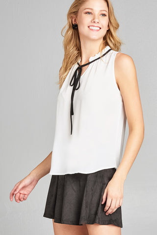 Ladies fashion plus size sleeveless contrast self-tie wool dobby woven top