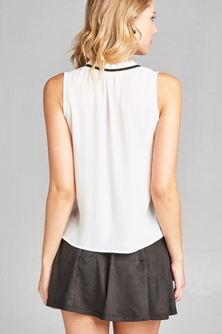 Ladies fashion plus size sleeveless contrast self-tie wool dobby woven top