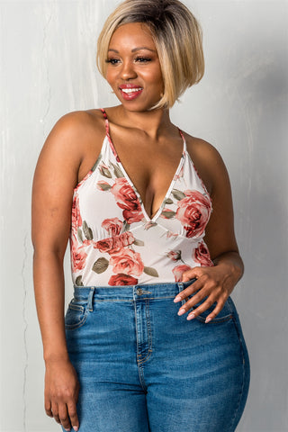 Ladies fashion plus size v neckline cream & floral sheer mesh sleeveless plus size bodysuit