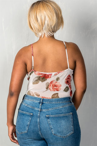 Ladies fashion plus size v neckline cream & floral sheer mesh sleeveless plus size bodysuit