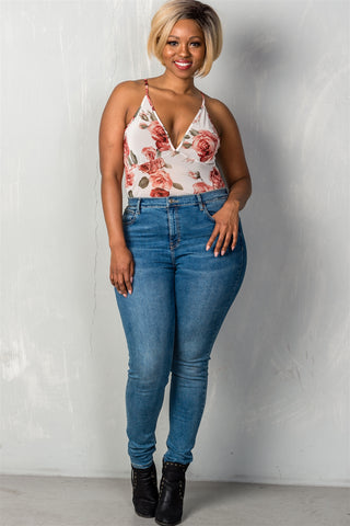 Ladies fashion plus size v neckline cream & floral sheer mesh sleeveless plus size bodysuit