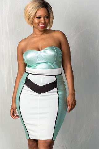 Ladies fashion plus size mint & white colorblock strapless bustier  midi dress