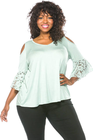 Ladies fashion plus size boho lace bell sleeves cold shoulder top