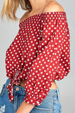 Ladies fashion off the shoulder w/knot front dot print cotton spandex top
