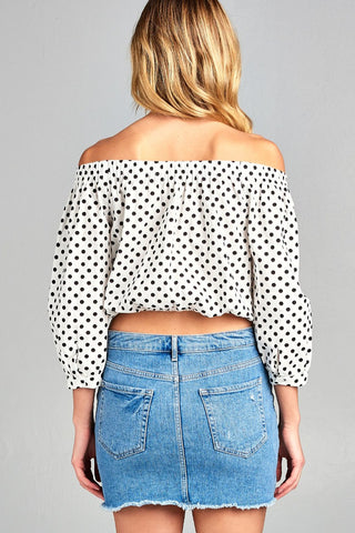 Ladies fashion off the shoulder w/knot front dot print cotton spandex top