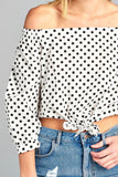 Ladies fashion off the shoulder w/knot front dot print cotton spandex top