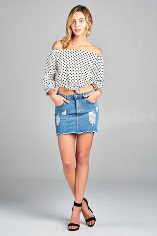 Ladies fashion off the shoulder w/knot front dot print cotton spandex top