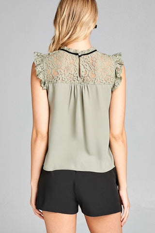 Ladies fashion ruffle sleeve lace yoke detail w/contrast self tie woven top