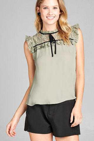 Ladies fashion ruffle sleeve lace yoke detail w/contrast self tie woven top