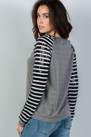 Ladies fashion round neckline sequin sleeved grey sweatshirt