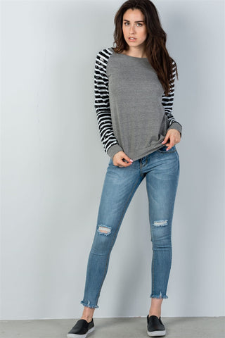 Ladies fashion round neckline sequin sleeved grey sweatshirt