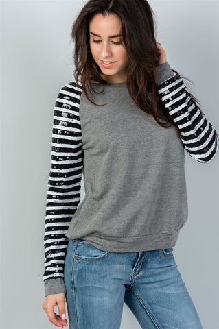 Ladies fashion round neckline sequin sleeved grey sweatshirt