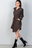 Ladies fashion long sleeve button front closure drawstring waist casual dress - merchandiserus2