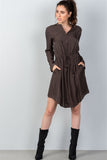 Ladies fashion long sleeve button front closure drawstring waist casual dress - merchandiserus2