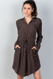 Ladies fashion long sleeve button front closure drawstring waist casual dress - merchandiserus2