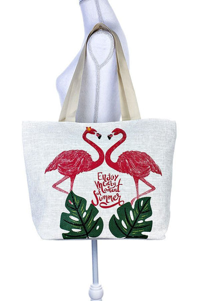 Painted two flamingo tote bag