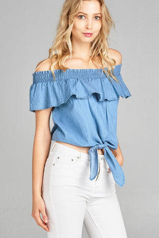 Ladies fashion plus size off the shoulder w/smocked ruffle front self tie chambray top