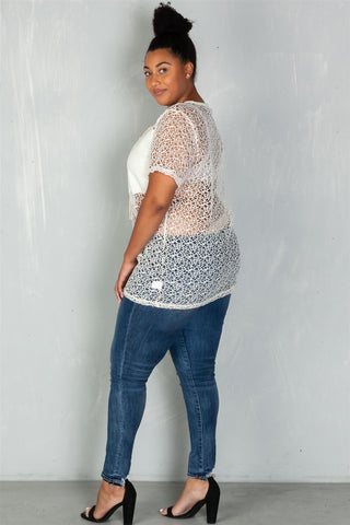 Ladies fashion plus size  solid panel crochet lace up boho top