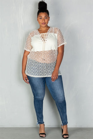 Ladies fashion plus size  solid panel crochet lace up boho top