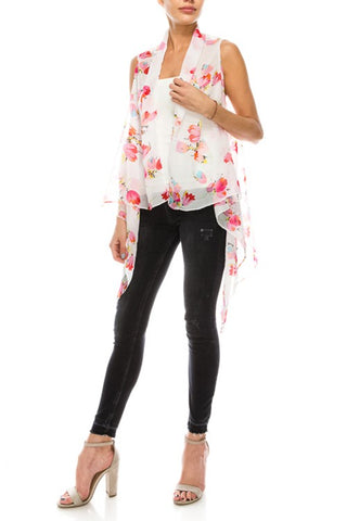Floral print sheer open vest