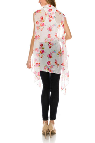 Floral print sheer open vest