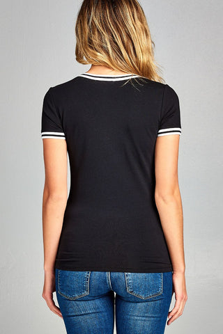 Ladies fashion short contrast ribbed sleeve and collar cotton rayon spandex top