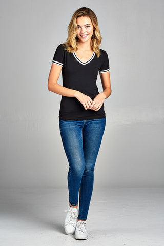 Ladies fashion short contrast ribbed sleeve and collar cotton rayon spandex top