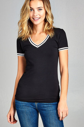 Ladies fashion short contrast ribbed sleeve and collar cotton rayon spandex top